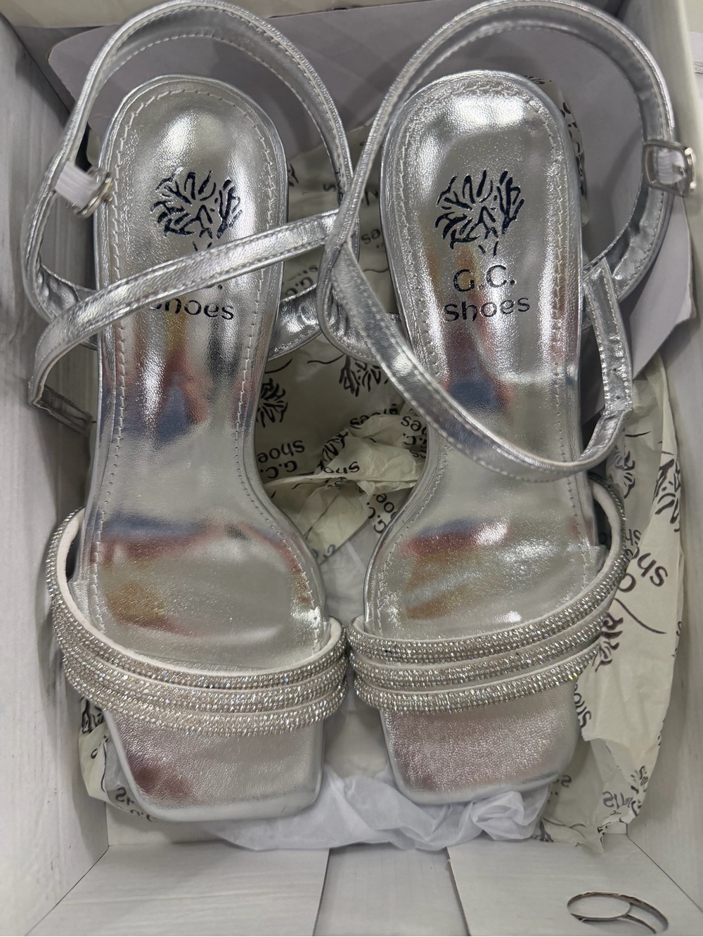 G.C. Shoes Silver Metallic Strappy Heeled Sandals with Crystal Accent